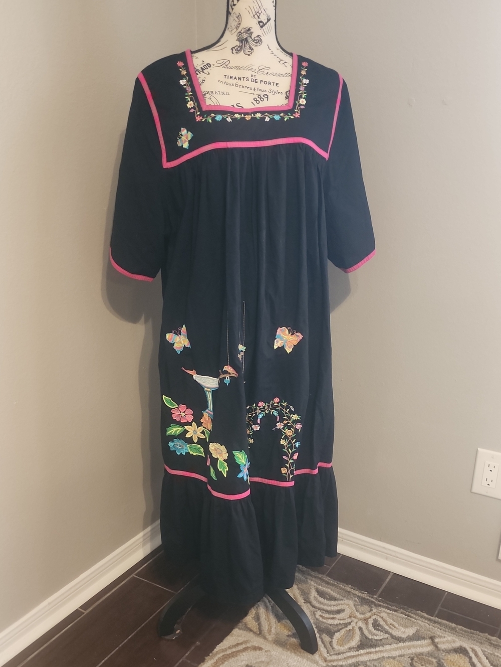 Go Softly NavyEmbroidered Floral & Butterfly Dress with Pink Trim Plus Size 2X